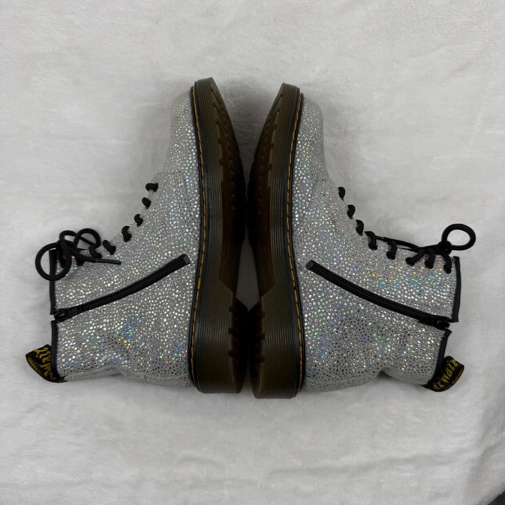 Dr. Martens 1460‎ Silver Holo Glitter Combat Boots Side Zip Kids Shoes M4 L5